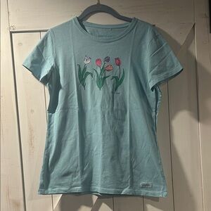 Life Is Good Light Blue Tee with Tulips 100% Cotton Medium